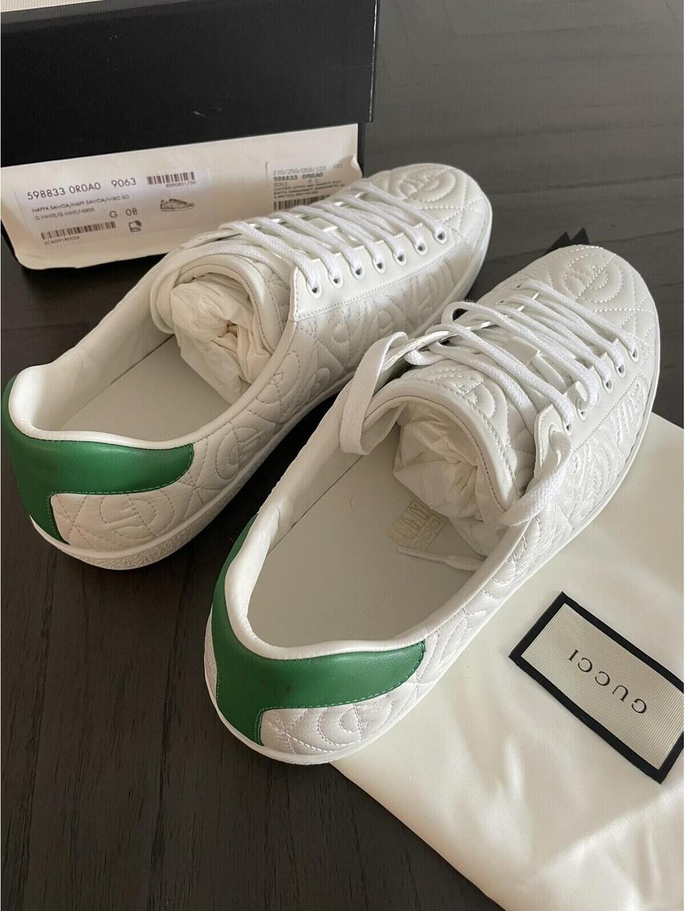 Gucci White Green Quilted Leather Lace Up Low Top Sneakers Mens Sz G8 US Sz 8.5 - Picture 7 of 9